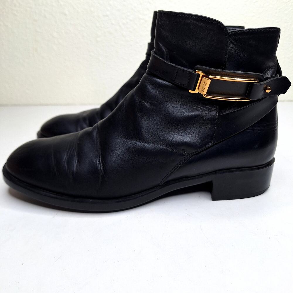 Tod's Women's Gold Buckle Ankle Boots Black Leather Italy EU 37.5 US 7.5 Classic